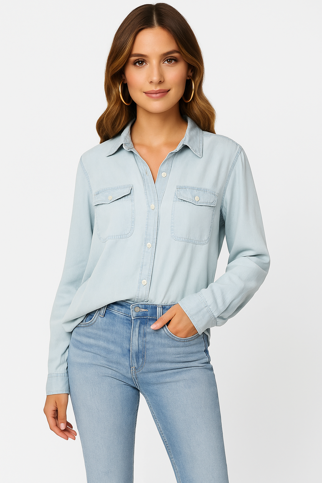 Camisa Jeans de Manga Comprida Aline