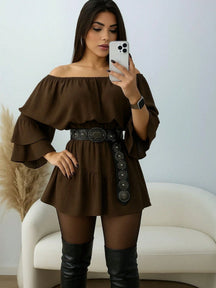 Vestido Feminino Macaquinho Duna Ombro a Ombro Manga Flare Estilo e Elegancia