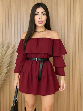 Vestido Feminino Macaquinho Duna Ombro a Ombro Manga Flare Estilo e Elegancia