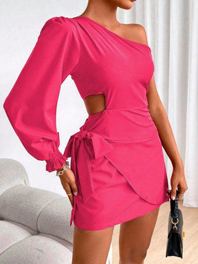 Vendedor IndicadoSwisz Vestido Curto Mula Manca Uma Manga Bufante Amarração Vazado