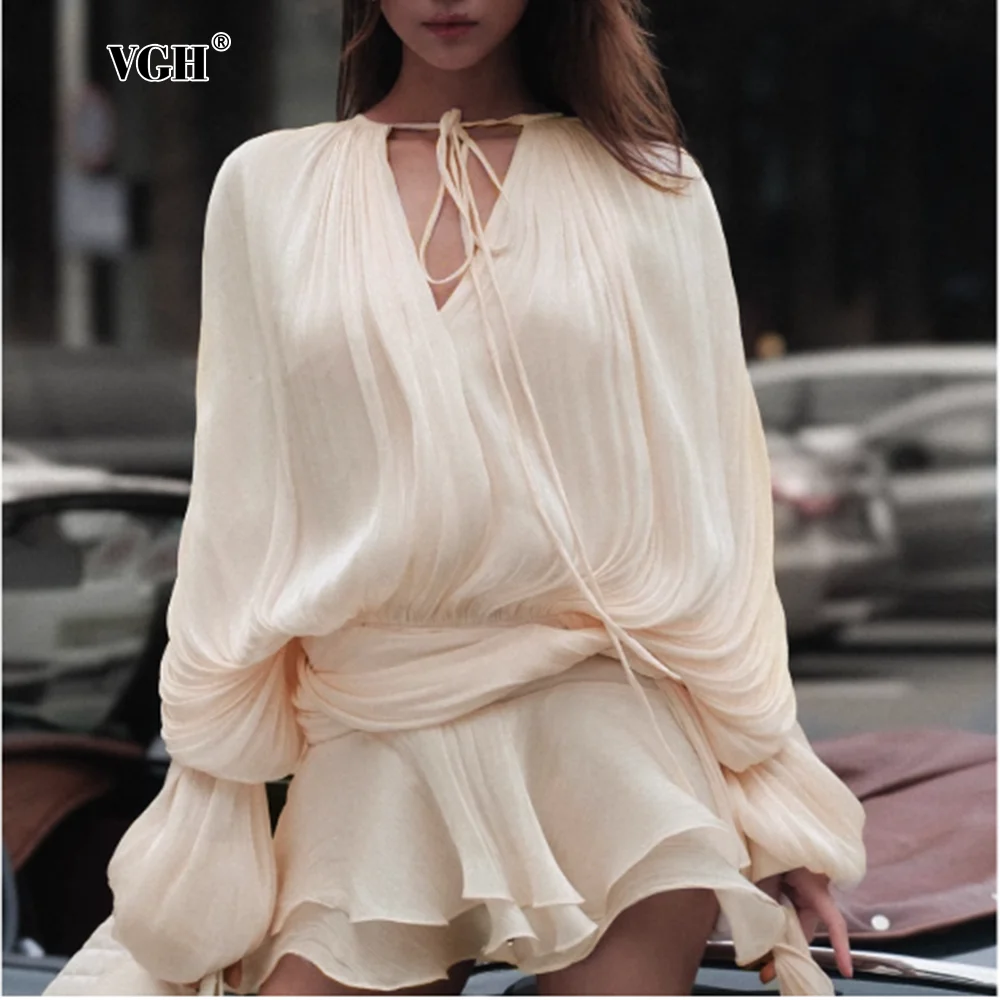 Vgh streetwear temperamento vestidos para mulheres em torno do pescoço manga longa alta wiast sólido emagrecimento mini vestido roupas de moda feminina