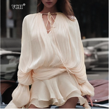 Vgh streetwear temperamento vestidos para mulheres em torno do pescoço manga longa alta wiast sólido emagrecimento mini vestido roupas de moda feminina